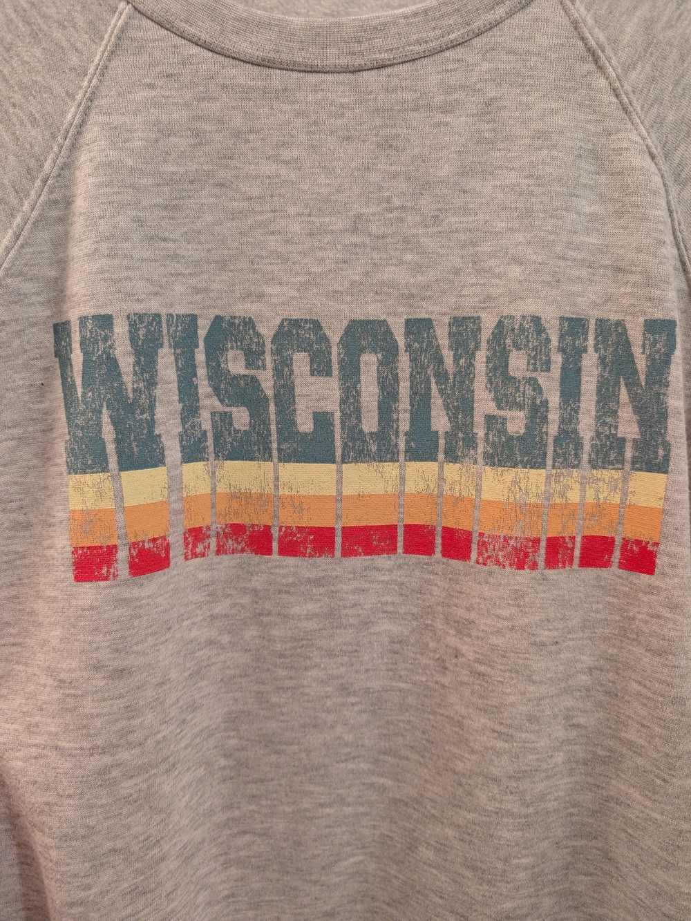 Women's Light Gray Crewneck with Colorful Distressed WISCONSIN Graphic - Picture 3 of 10